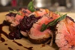 Coffee and Cocoa Rubbed Bison Tenderloin with Blueberry Shallot Chutney