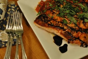 Salmon with Roasted Plum Tomatoes and Balsamic Glaze