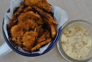 Baked Sweet Potato Chips with Grainy Mustard Aioli