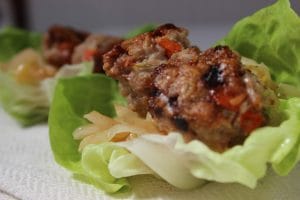 Lettuce Wraps with Meatballs & Spicy Asian Slaw